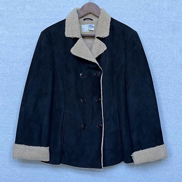 Brylane Sherpa Lined Suede Jacket Women's Size 12 Black Collared Long‎ Sleeves - Picture 1 of 16